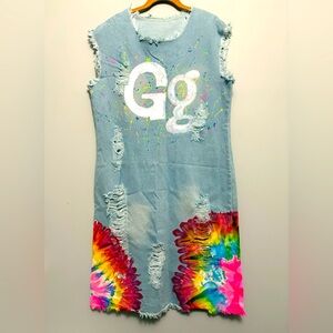 Colorful Tie-Dye Distressed Denim Dress